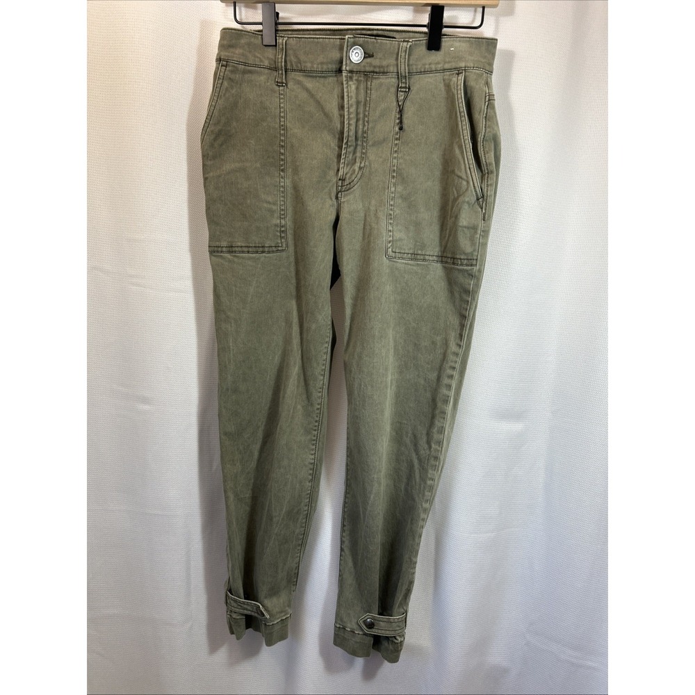 Express Cropped Straight High Rise Pants Olive Green Utility Snap Ankle Stretch